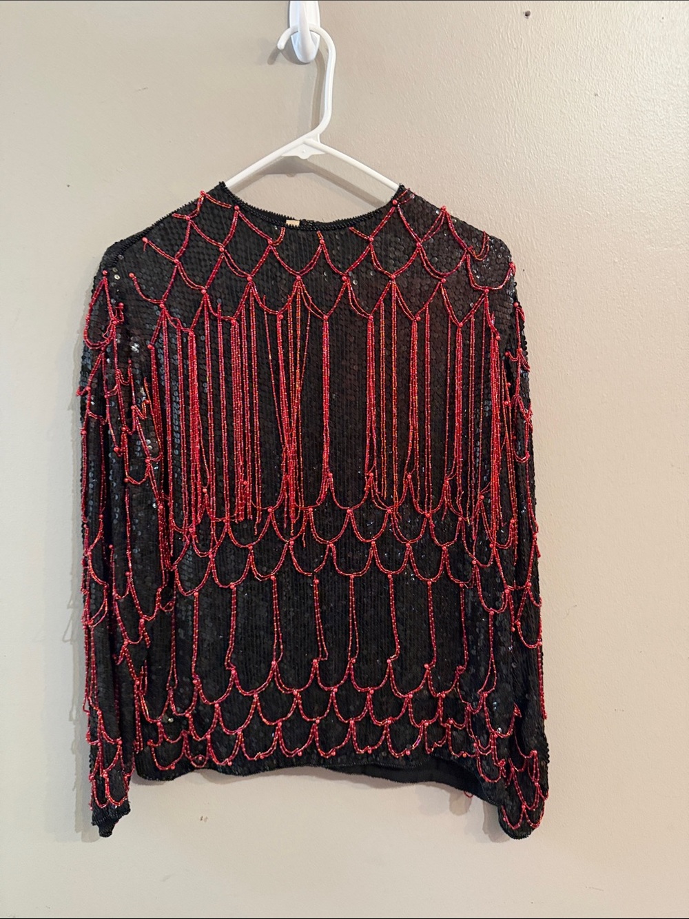 Saks Fifth Avenue Black Knit Sweater with Red Beaded Fringe